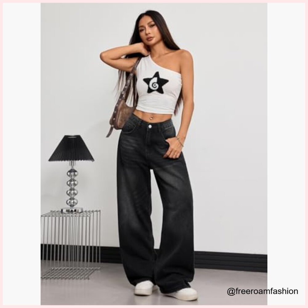 Baggy Wide Leg Jeans High Rise Loose Fit Vintage Y2K Streetwear Pants - Picture 4 of 7